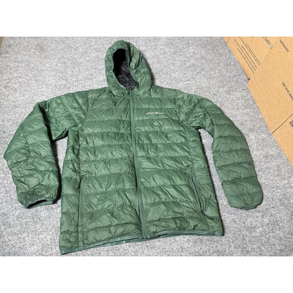 Eddie Bauer Jacket Mens M Green Hooded Down Puffer Full Zip Lightweight Outdoor